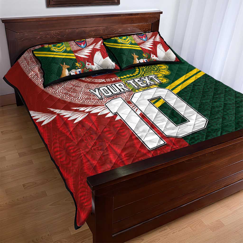 Custom Mate Ma'a Tonga and Australia Kangaroo Quilt Bed Set Nation Seal with Mascot Aboriginal and Tongan Kupesi Ngatu Art LT03 - Polynesian Pride