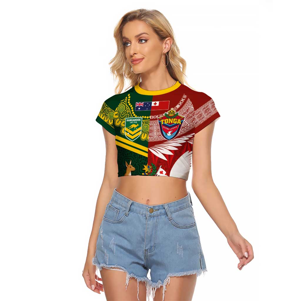 Custom Mate Ma'a Tonga and Australia Kangaroo Raglan Cropped T Shirt Nation Seal with Mascot Aboriginal and Tongan Kupesi Ngatu Art LT03 Female Red - Polynesian Pride
