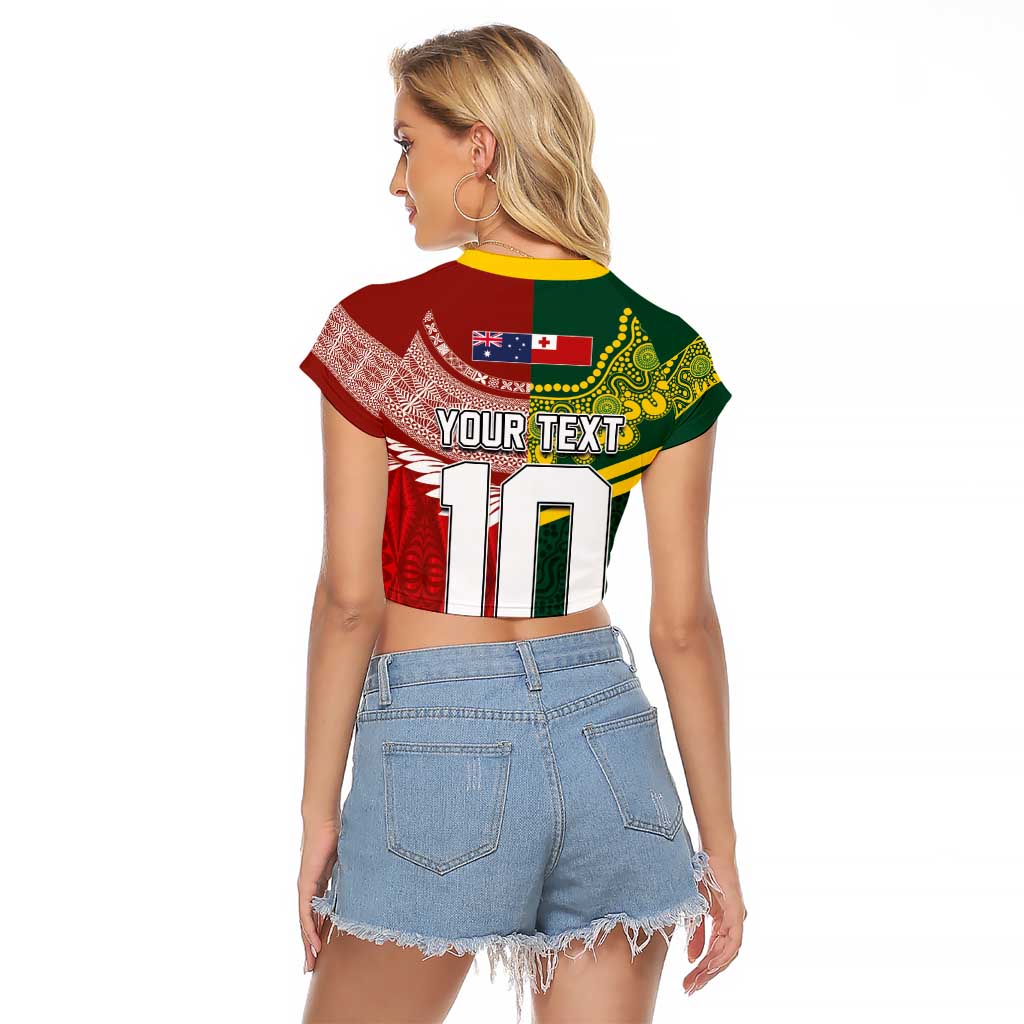 Custom Mate Ma'a Tonga and Australia Kangaroo Raglan Cropped T Shirt Nation Seal with Mascot Aboriginal and Tongan Kupesi Ngatu Art LT03 - Polynesian Pride