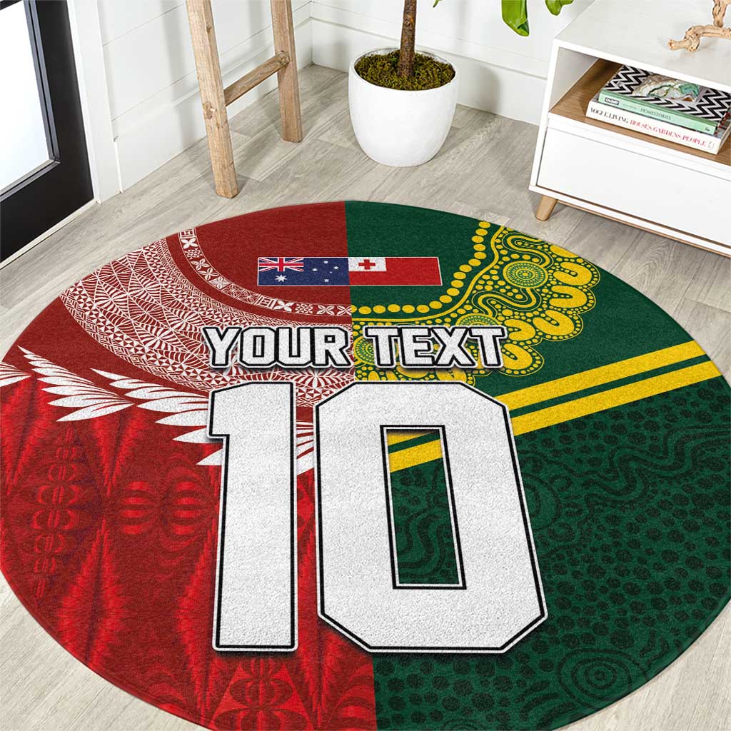 Custom Mate Ma'a Tonga and Australia Kangaroo Round Carpet Nation Seal with Mascot Aboriginal and Tongan Kupesi Ngatu Art LT03 Red - Polynesian Pride