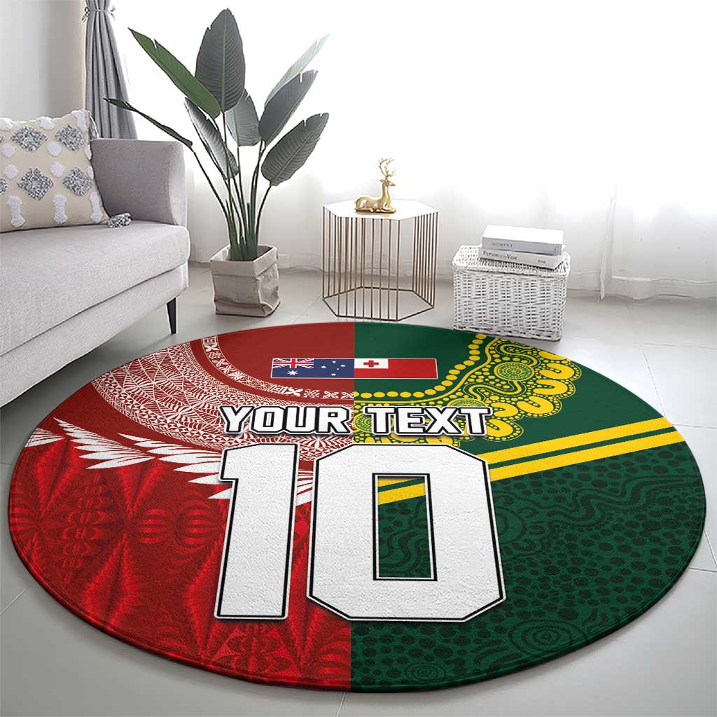 Custom Mate Ma'a Tonga and Australia Kangaroo Round Carpet Nation Seal with Mascot Aboriginal and Tongan Kupesi Ngatu Art LT03 - Polynesian Pride