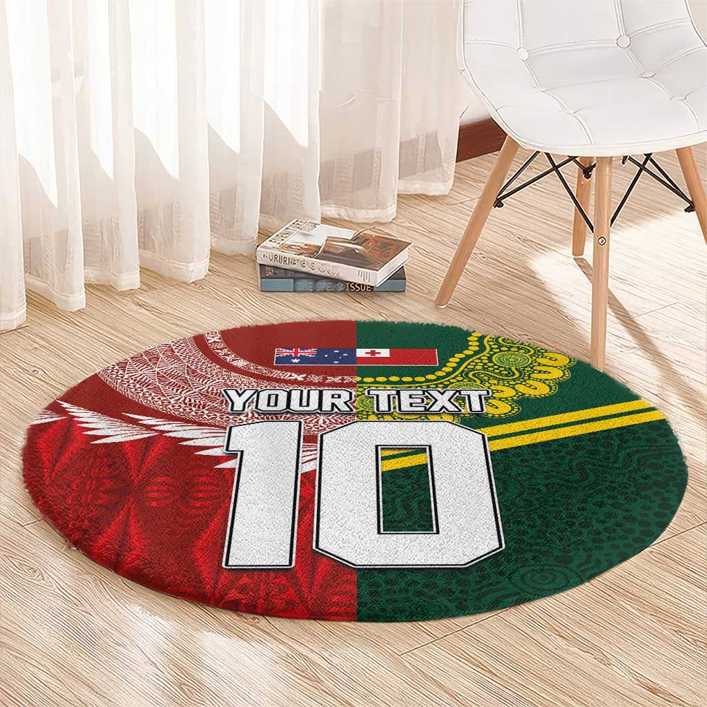 Custom Mate Ma'a Tonga and Australia Kangaroo Round Carpet Nation Seal with Mascot Aboriginal and Tongan Kupesi Ngatu Art LT03 - Polynesian Pride