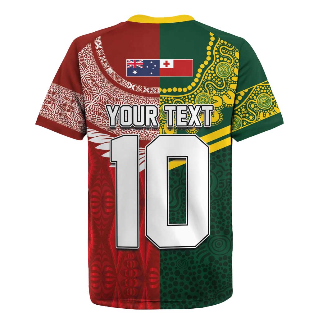 Custom Mate Ma'a Tonga and Australia Kangaroo Rugby Jersey Nation Seal with Mascot Aboriginal and Tongan Kupesi Ngatu Art LT03 - Polynesian Pride