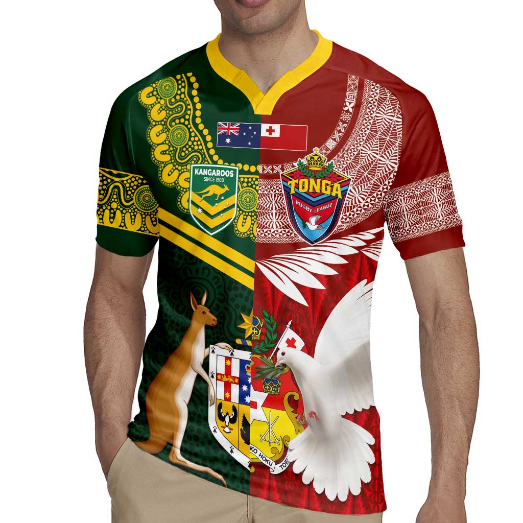 Custom Mate Ma'a Tonga and Australia Kangaroo Rugby Jersey Nation Seal with Mascot Aboriginal and Tongan Kupesi Ngatu Art LT03 - Polynesian Pride