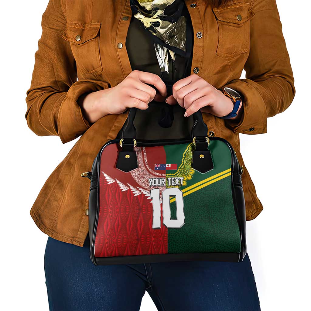 Custom Mate Ma'a Tonga and Australia Kangaroo Shoulder Handbag Nation Seal with Mascot Aboriginal and Tongan Kupesi Ngatu Art LT03 - Polynesian Pride