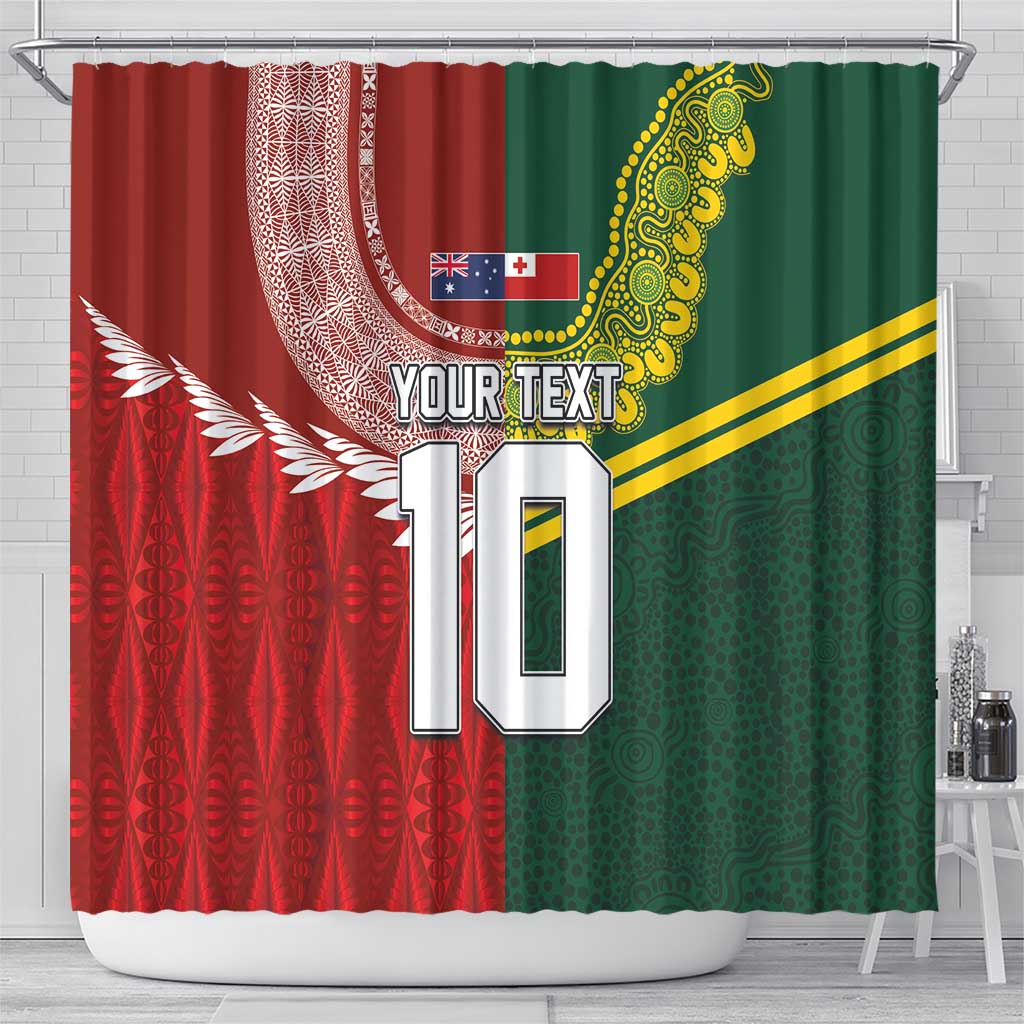 Custom Mate Ma'a Tonga and Australia Kangaroo Shower Curtain Nation Seal with Mascot Aboriginal and Tongan Kupesi Ngatu Art LT03 - Polynesian Pride