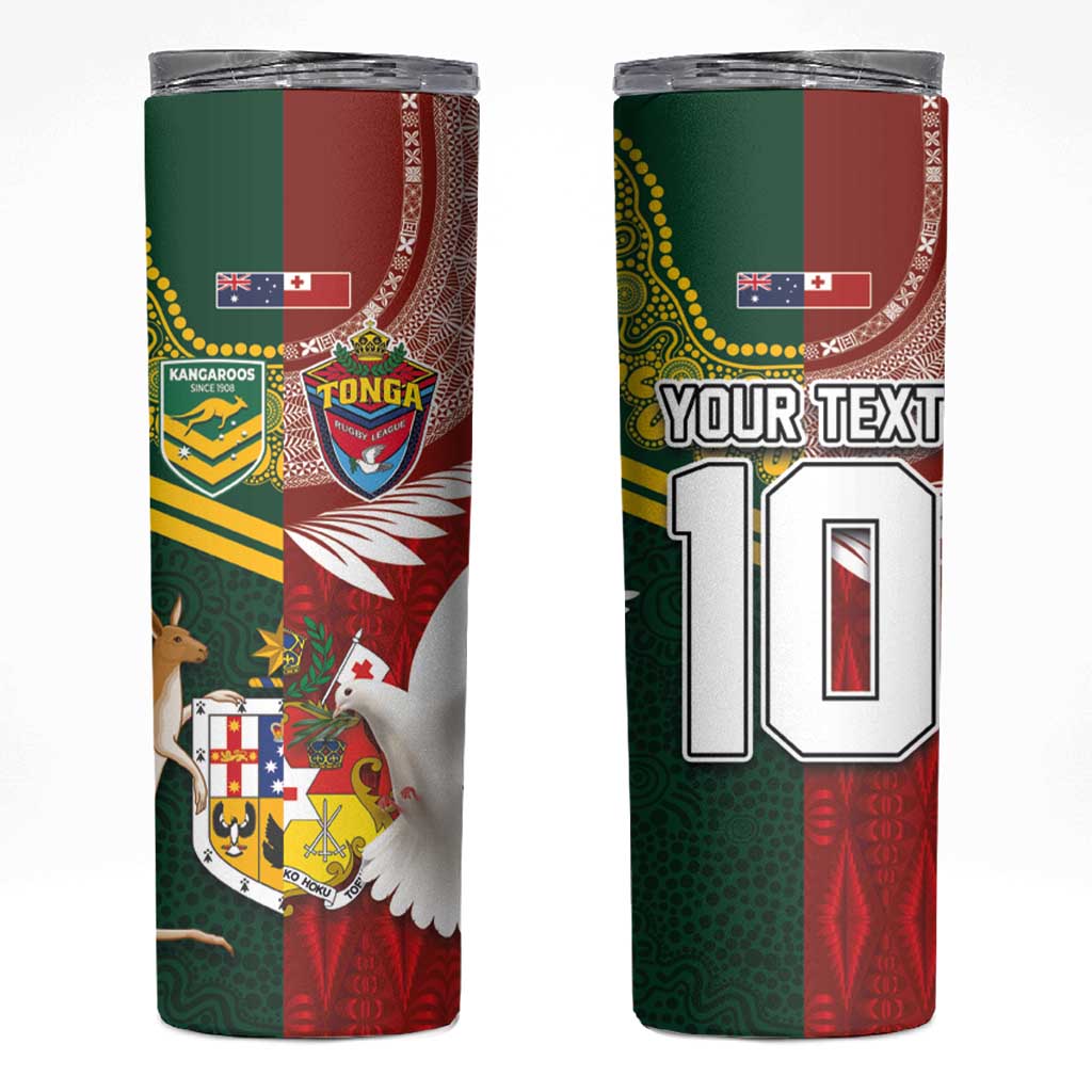 Custom Mate Ma'a Tonga and Australia Kangaroo Skinny Tumbler Nation Seal with Mascot Aboriginal and Tongan Kupesi Ngatu Art LT03 Red - Polynesian Pride