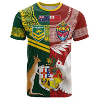 Custom Mate Ma'a Tonga and Australia Kangaroo T Shirt Nation Seal with Mascot Aboriginal and Tongan Kupesi Ngatu Art LT03 Red - Polynesian Pride