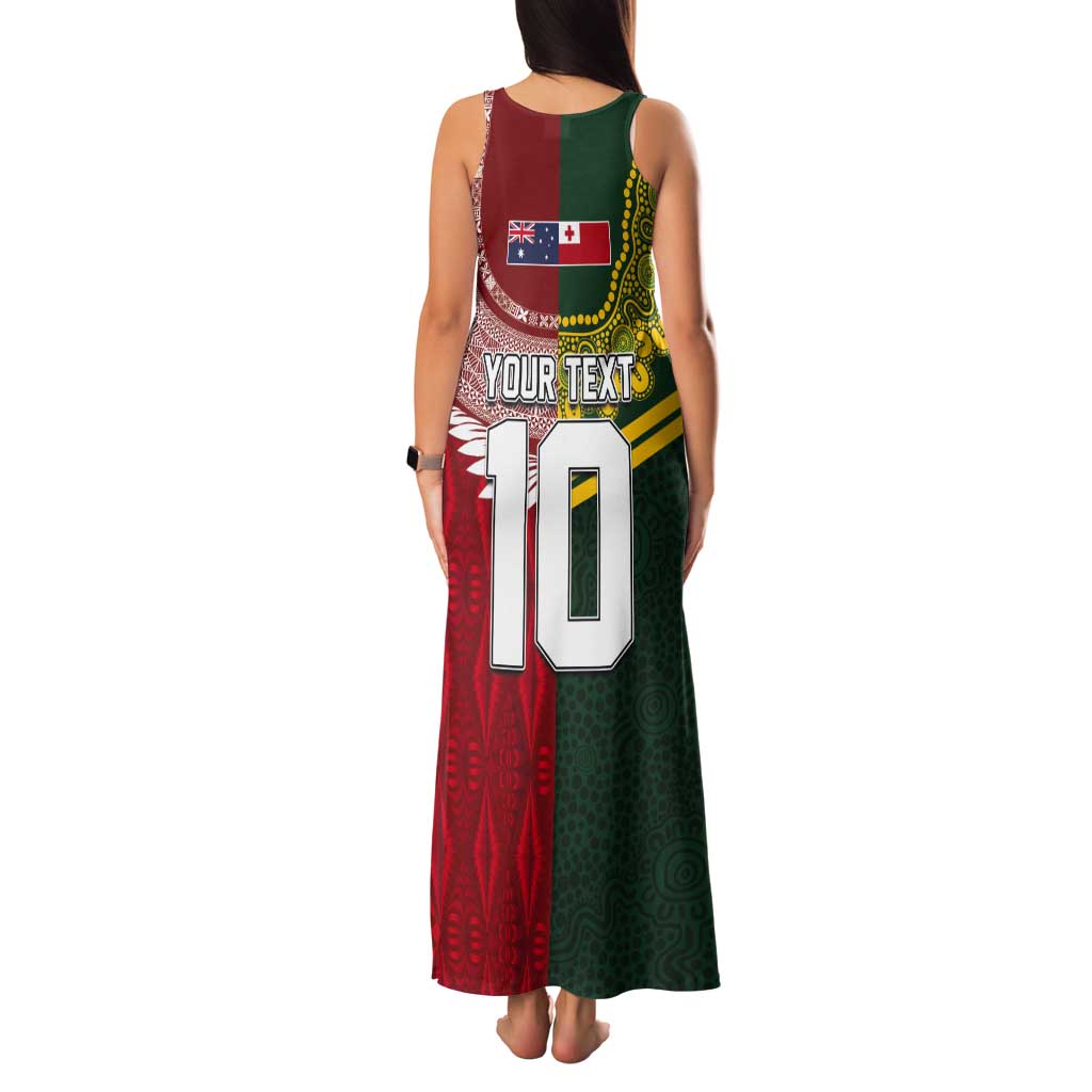 Custom Mate Ma'a Tonga and Australia Kangaroo Tank Maxi Dress Nation Seal with Mascot Aboriginal and Tongan Kupesi Ngatu Art LT03 - Polynesian Pride