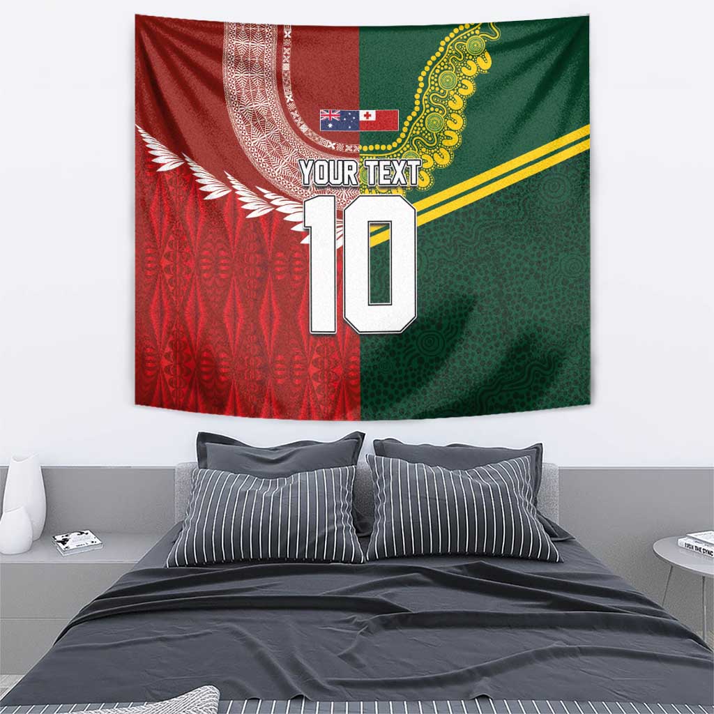 Custom Mate Ma'a Tonga and Australia Kangaroo Tapestry Nation Seal with Mascot Aboriginal and Tongan Kupesi Ngatu Art LT03 - Polynesian Pride