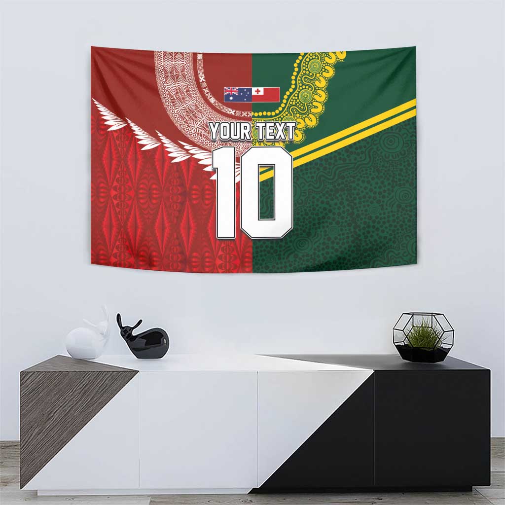 Custom Mate Ma'a Tonga and Australia Kangaroo Tapestry Nation Seal with Mascot Aboriginal and Tongan Kupesi Ngatu Art LT03 - Polynesian Pride
