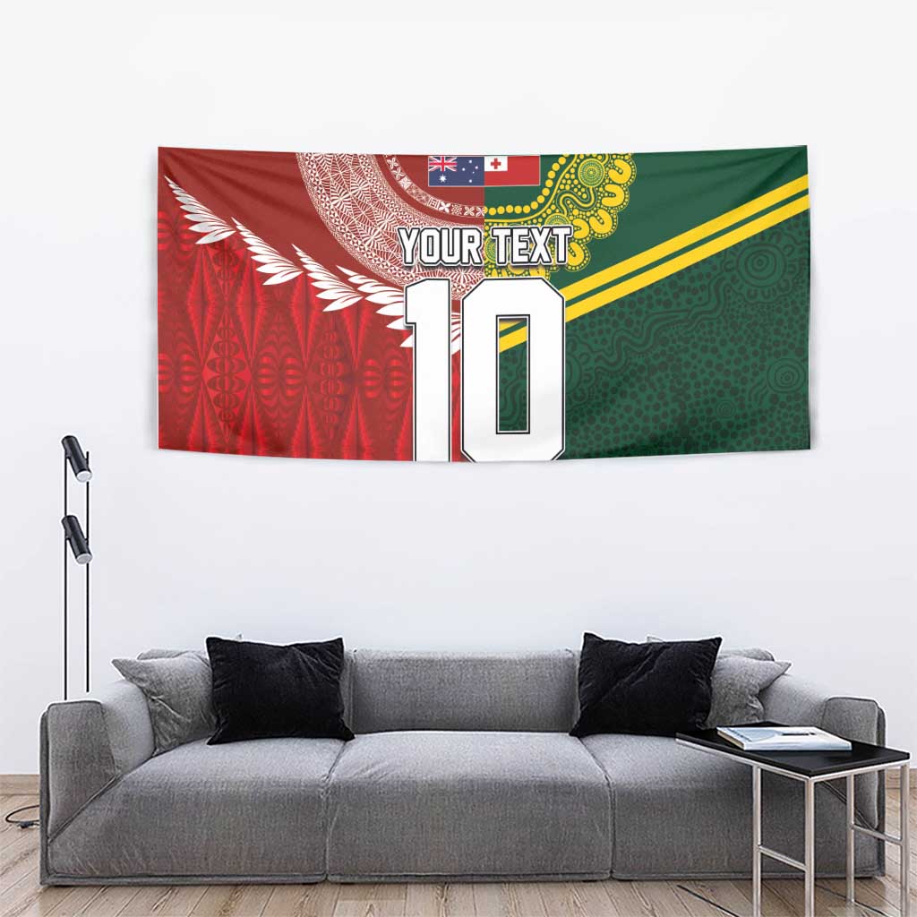 Custom Mate Ma'a Tonga and Australia Kangaroo Tapestry Nation Seal with Mascot Aboriginal and Tongan Kupesi Ngatu Art LT03 - Polynesian Pride