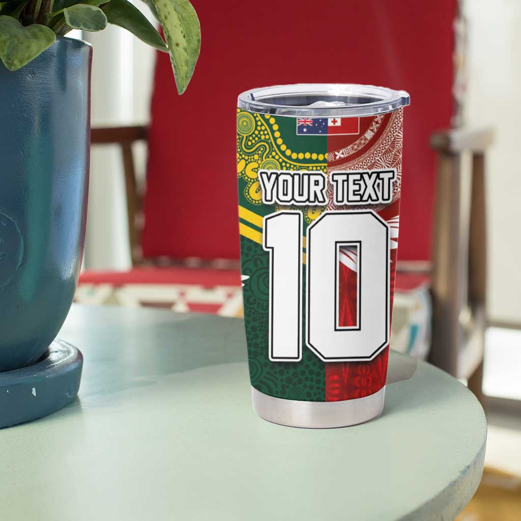 Custom Mate Ma'a Tonga and Australia Kangaroo Tumbler Cup Nation Seal with Mascot Aboriginal and Tongan Kupesi Ngatu Art LT03 - Polynesian Pride
