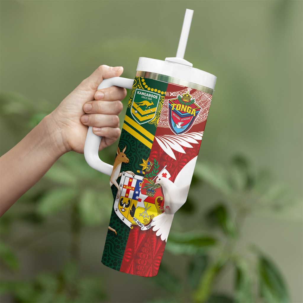 Custom Mate Ma'a Tonga and Australia Kangaroo Tumbler With Handle Nation Seal with Mascot Aboriginal and Tongan Kupesi Ngatu Art LT03 - Polynesian Pride