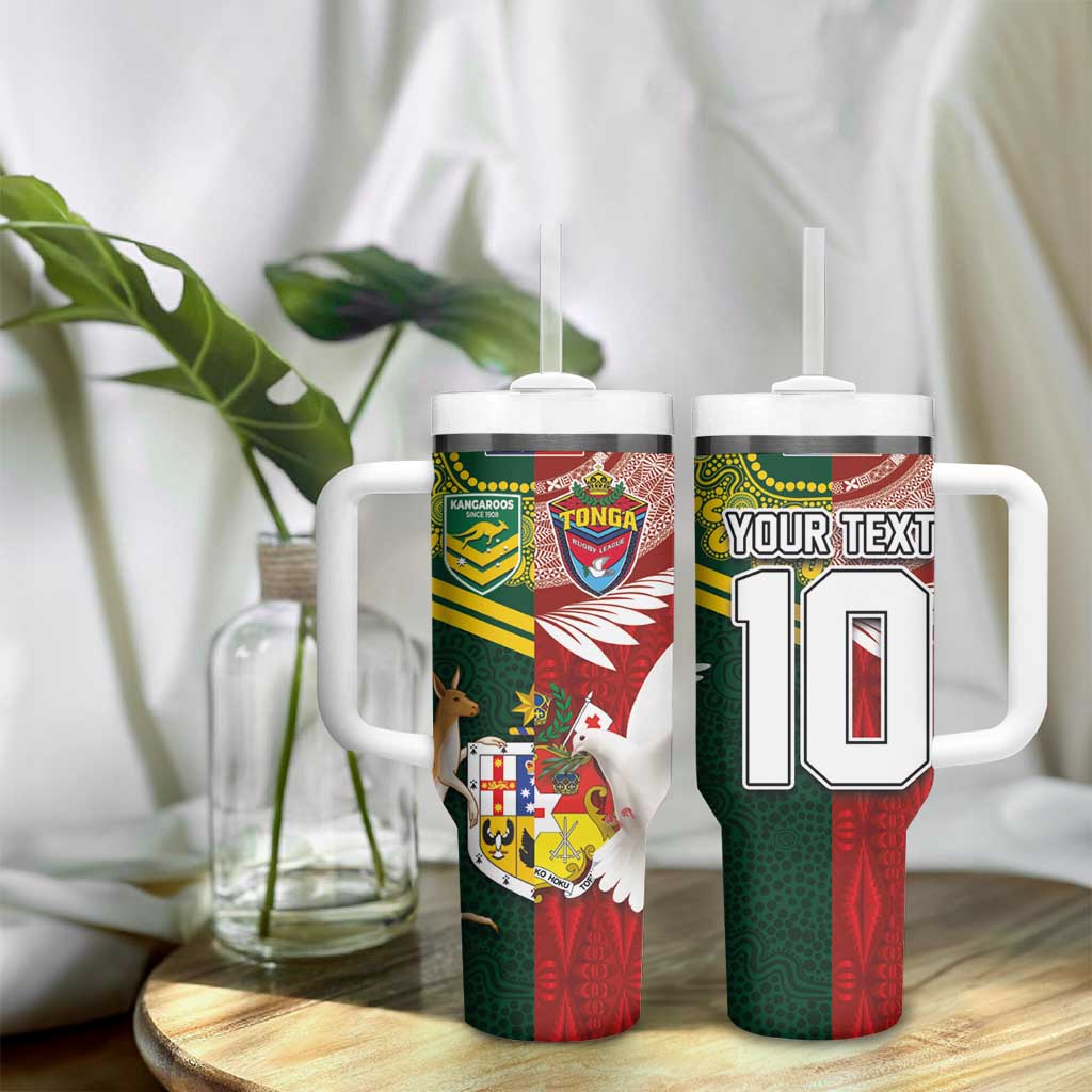Custom Mate Ma'a Tonga and Australia Kangaroo Tumbler With Handle Nation Seal with Mascot Aboriginal and Tongan Kupesi Ngatu Art LT03 - Polynesian Pride
