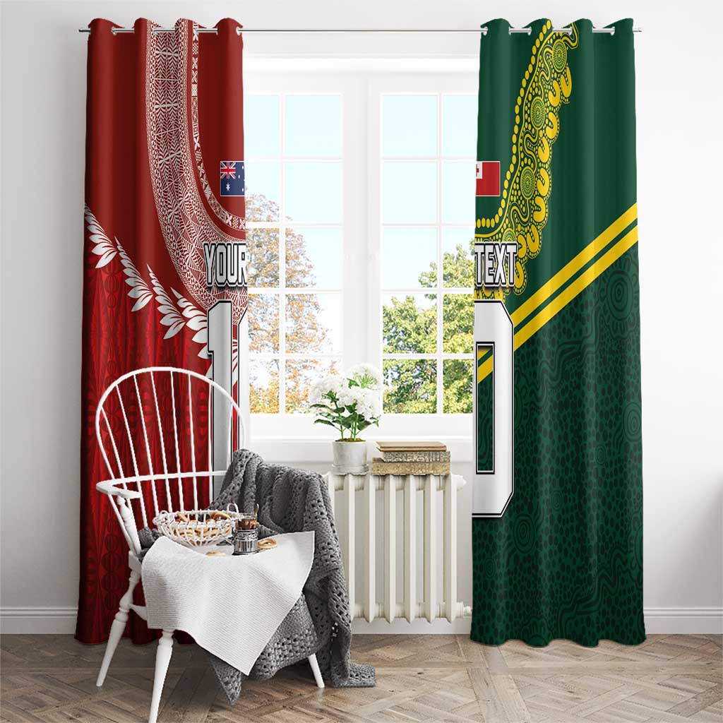 Custom Mate Ma'a Tonga and Australia Kangaroo Window Curtain Nation Seal with Mascot Aboriginal and Tongan Kupesi Ngatu Art LT03 - Polynesian Pride