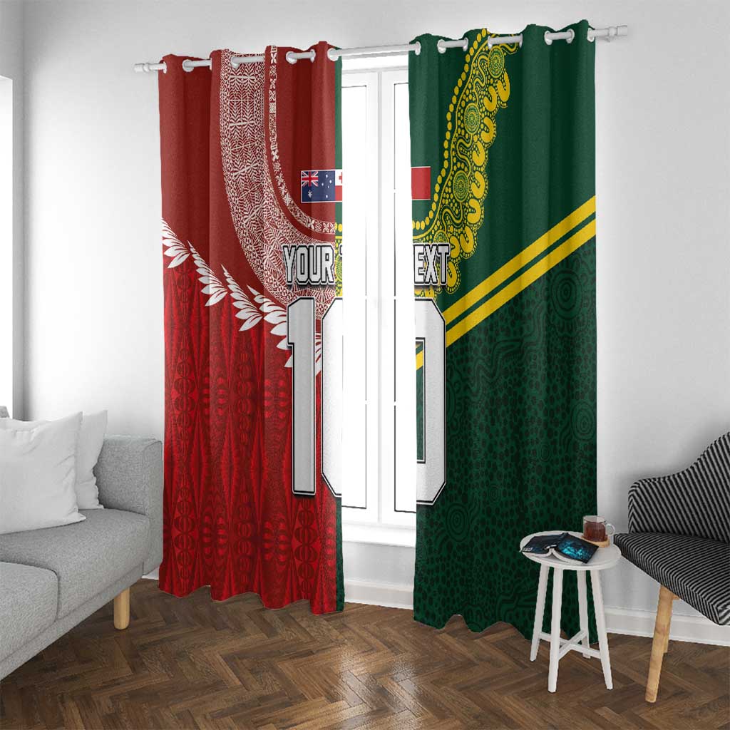 Custom Mate Ma'a Tonga and Australia Kangaroo Window Curtain Nation Seal with Mascot Aboriginal and Tongan Kupesi Ngatu Art LT03 With Grommets Red - Polynesian Pride
