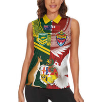 Custom Mate Ma'a Tonga and Australia Kangaroo Women Sleeveless Polo Shirt Nation Seal with Mascot Aboriginal and Tongan Kupesi Ngatu Art LT03 - Polynesian Pride