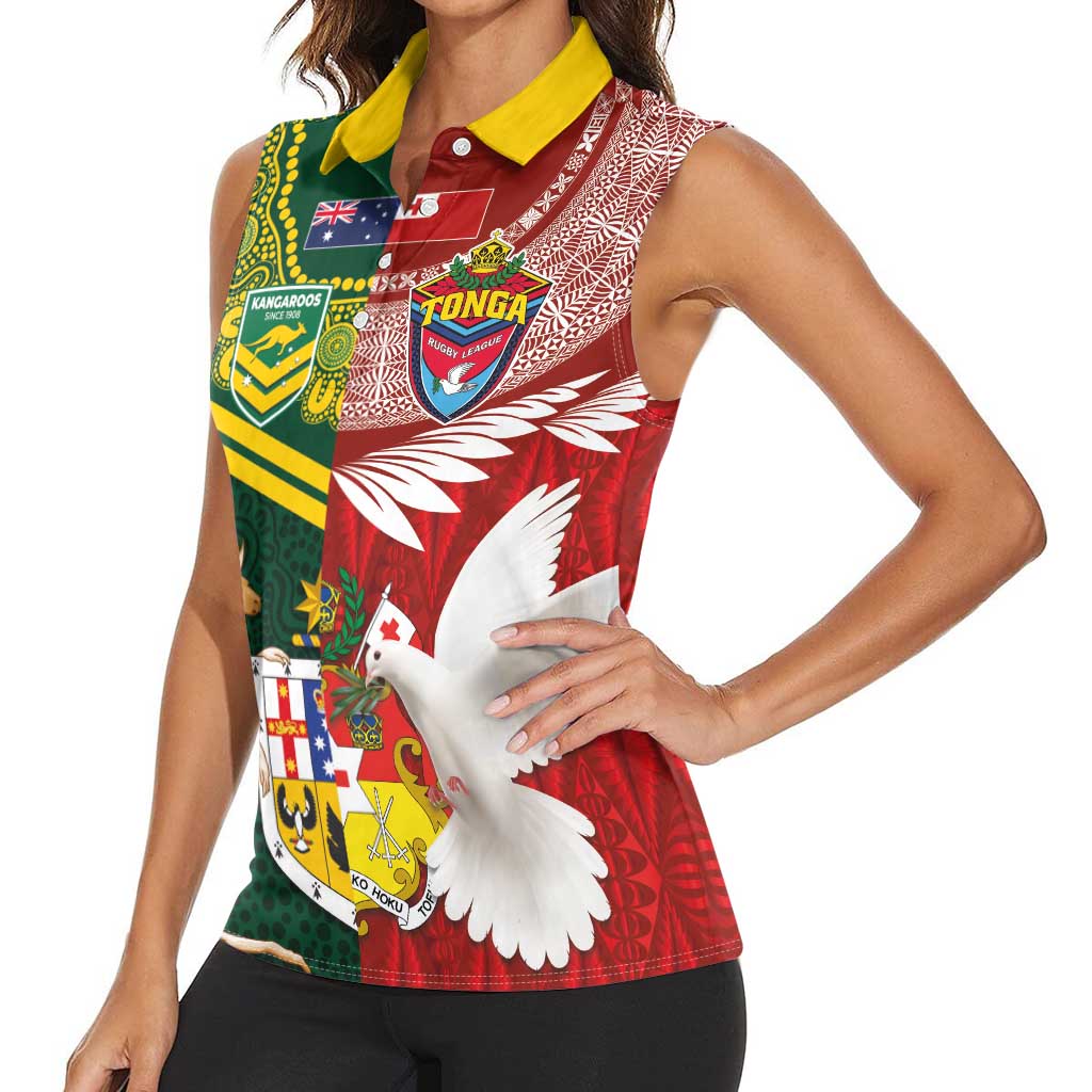 Custom Mate Ma'a Tonga and Australia Kangaroo Women Sleeveless Polo Shirt Nation Seal with Mascot Aboriginal and Tongan Kupesi Ngatu Art LT03 - Polynesian Pride