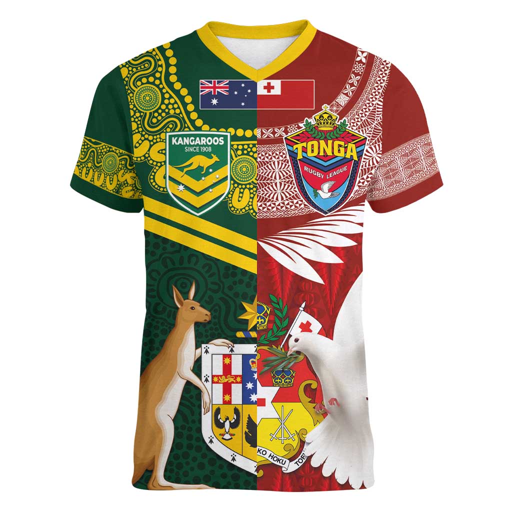 Custom Mate Ma'a Tonga and Australia Kangaroo Women V-Neck T-Shirt Nation Seal with Mascot Aboriginal and Tongan Kupesi Ngatu Art LT03 Female Red - Polynesian Pride