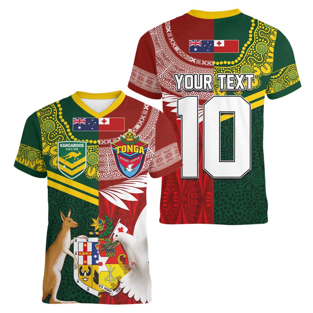 Custom Mate Ma'a Tonga and Australia Kangaroo Women V-Neck T-Shirt Nation Seal with Mascot Aboriginal and Tongan Kupesi Ngatu Art LT03 - Polynesian Pride