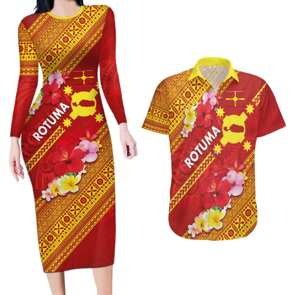 Rotuma Island Couples Matching Long Sleeve Bodycon Dress and Hawaiian Shirt Fijian Tapa with Polynesian Art and Hibiscus LT03 Red - Polynesian Pride