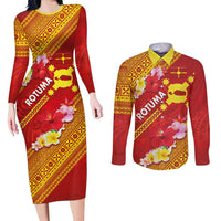 Rotuma Island Couples Matching Long Sleeve Bodycon Dress and Long Sleeve Button Shirt Fijian Tapa with Polynesian Art and Hibiscus LT03 Red - Polynesian Pride
