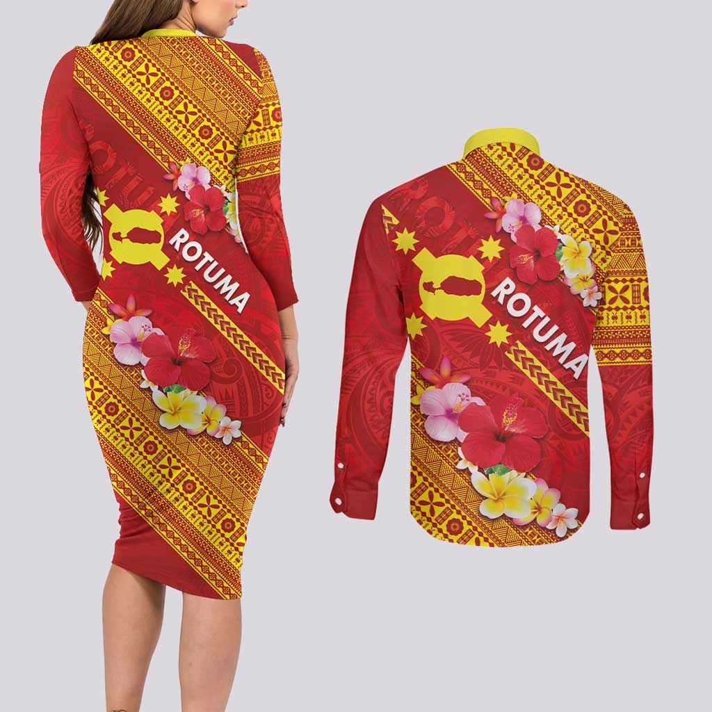 Rotuma Island Couples Matching Long Sleeve Bodycon Dress and Long Sleeve Button Shirt Fijian Tapa with Polynesian Art and Hibiscus LT03 - Polynesian Pride
