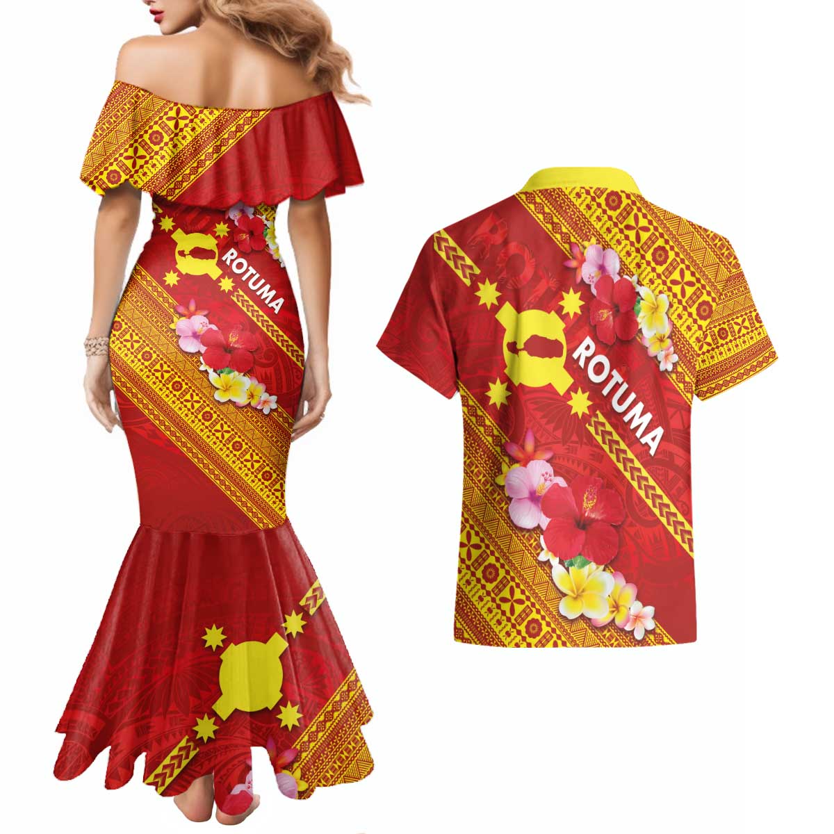 Rotuma Island Couples Matching Mermaid Dress and Hawaiian Shirt Fijian Tapa with Polynesian Art and Hibiscus LT03 - Polynesian Pride
