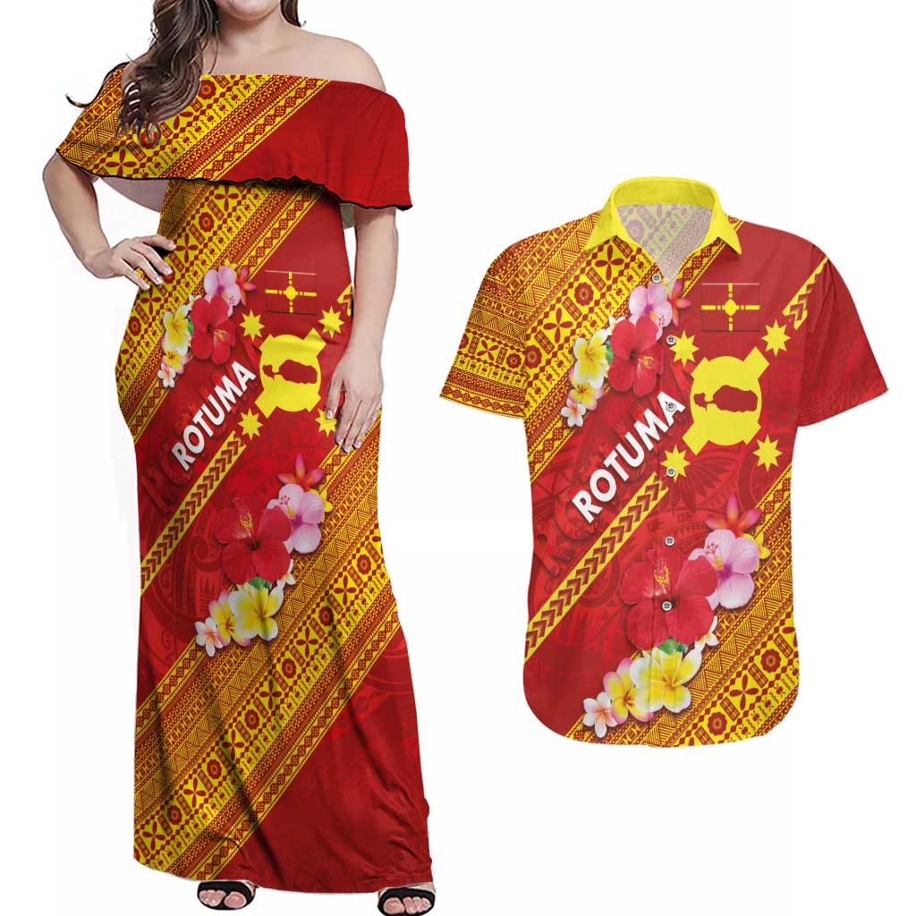 Rotuma Island Couples Matching Off Shoulder Maxi Dress and Hawaiian Shirt Fijian Tapa with Polynesian Art and Hibiscus LT03 Red - Polynesian Pride