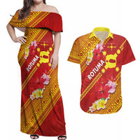 Rotuma Island Couples Matching Off Shoulder Maxi Dress and Hawaiian Shirt Fijian Tapa with Polynesian Art and Hibiscus LT03 Red - Polynesian Pride