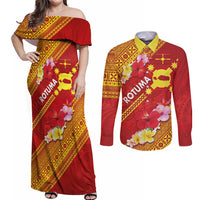 Rotuma Island Couples Matching Off Shoulder Maxi Dress and Long Sleeve Button Shirt Fijian Tapa with Polynesian Art and Hibiscus LT03 Red - Polynesian Pride