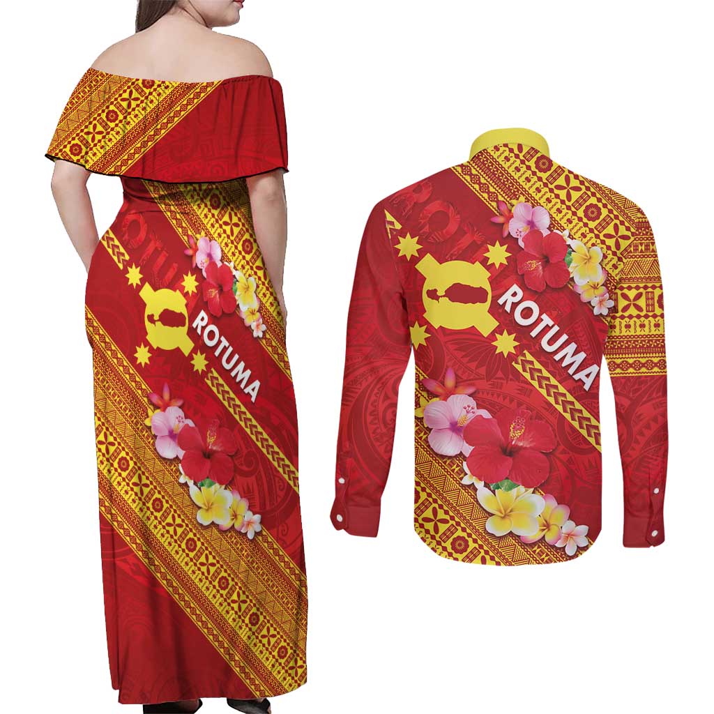 Rotuma Island Couples Matching Off Shoulder Maxi Dress and Long Sleeve Button Shirt Fijian Tapa with Polynesian Art and Hibiscus LT03 - Polynesian Pride