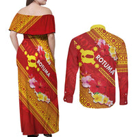 Rotuma Island Couples Matching Off Shoulder Maxi Dress and Long Sleeve Button Shirt Fijian Tapa with Polynesian Art and Hibiscus LT03 - Polynesian Pride