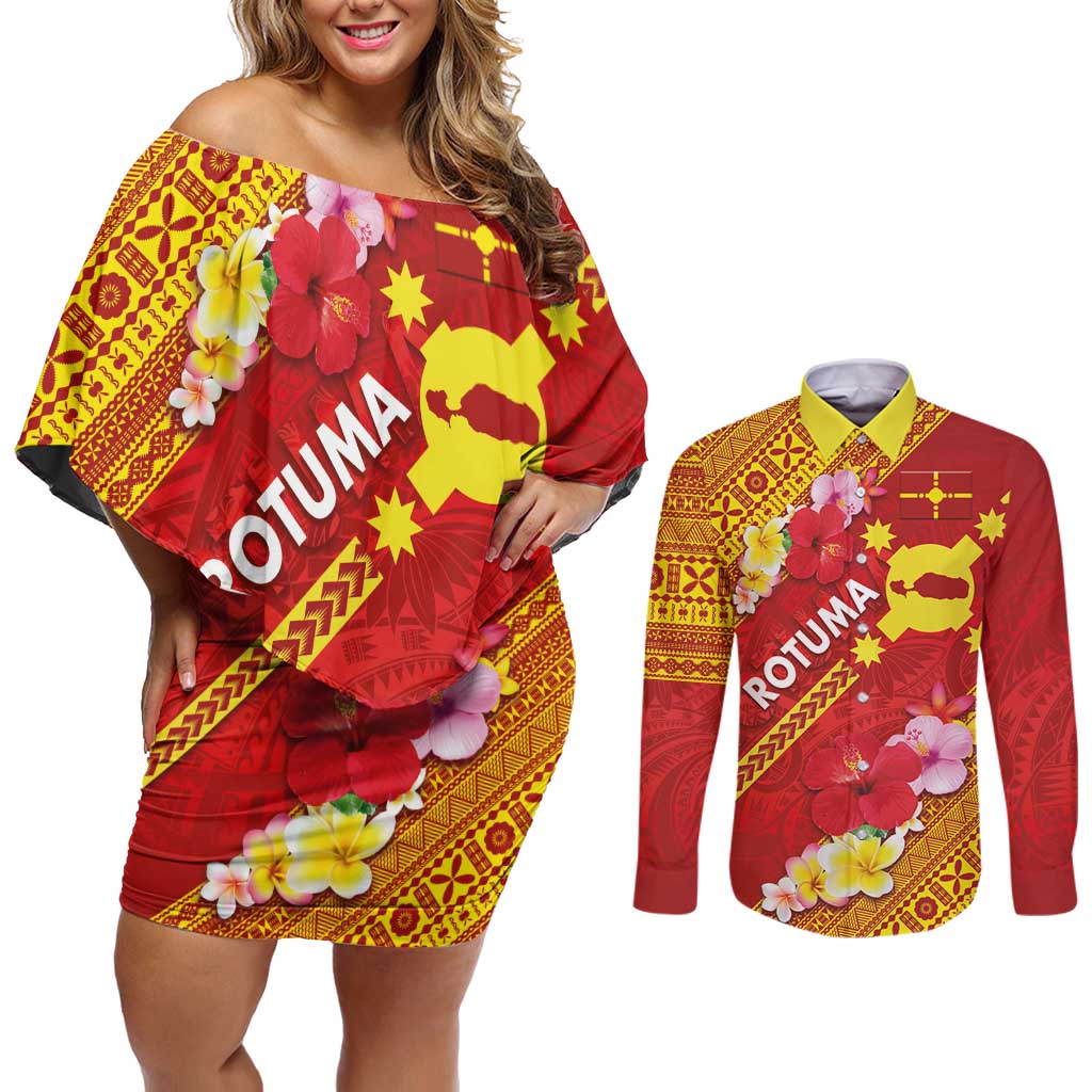 Rotuma Island Couples Matching Off Shoulder Short Dress and Long Sleeve Button Shirt Fijian Tapa with Polynesian Art and Hibiscus LT03 Red - Polynesian Pride