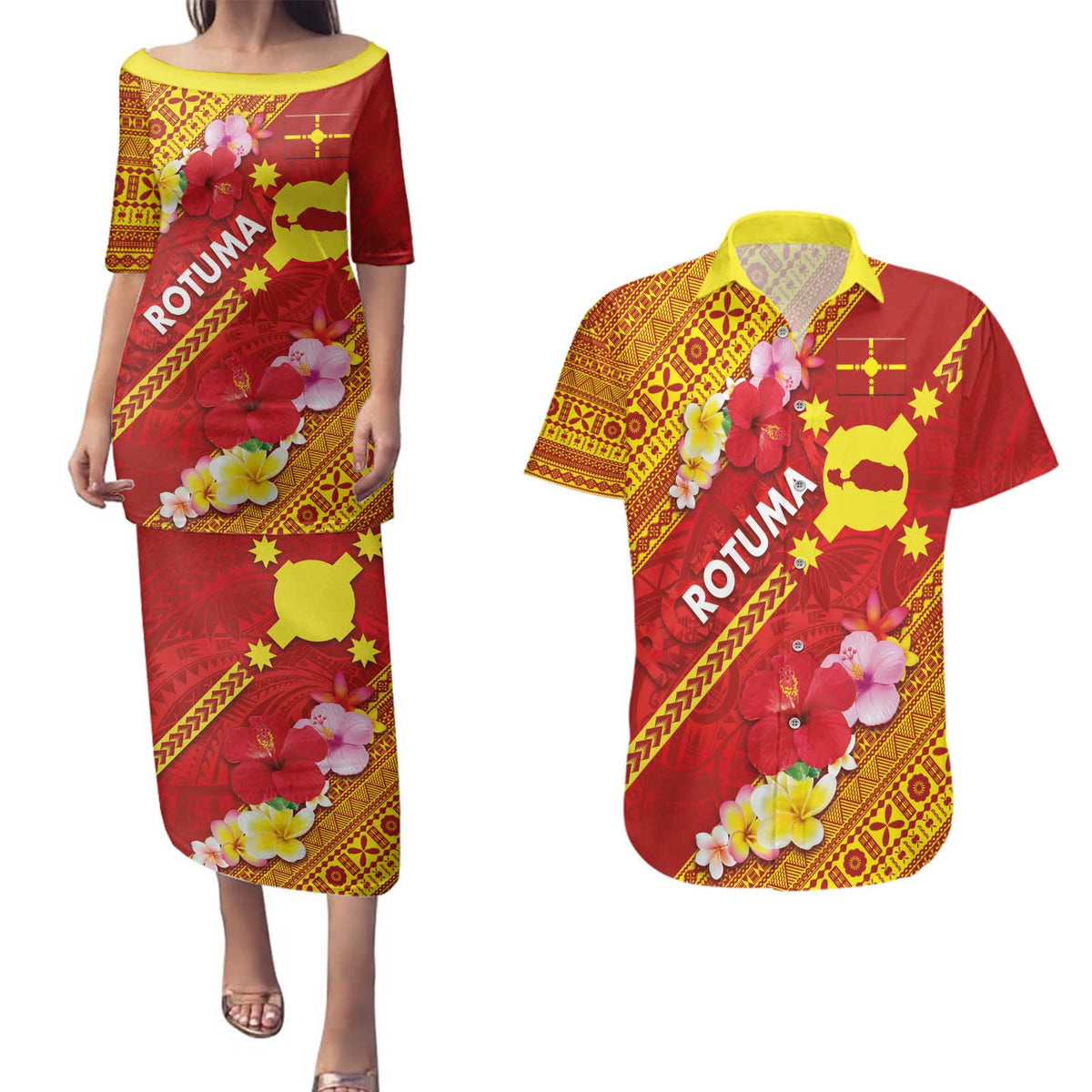 Rotuma Island Couples Matching Puletasi and Hawaiian Shirt Fijian Tapa with Polynesian Art and Hibiscus LT03 Red - Polynesian Pride