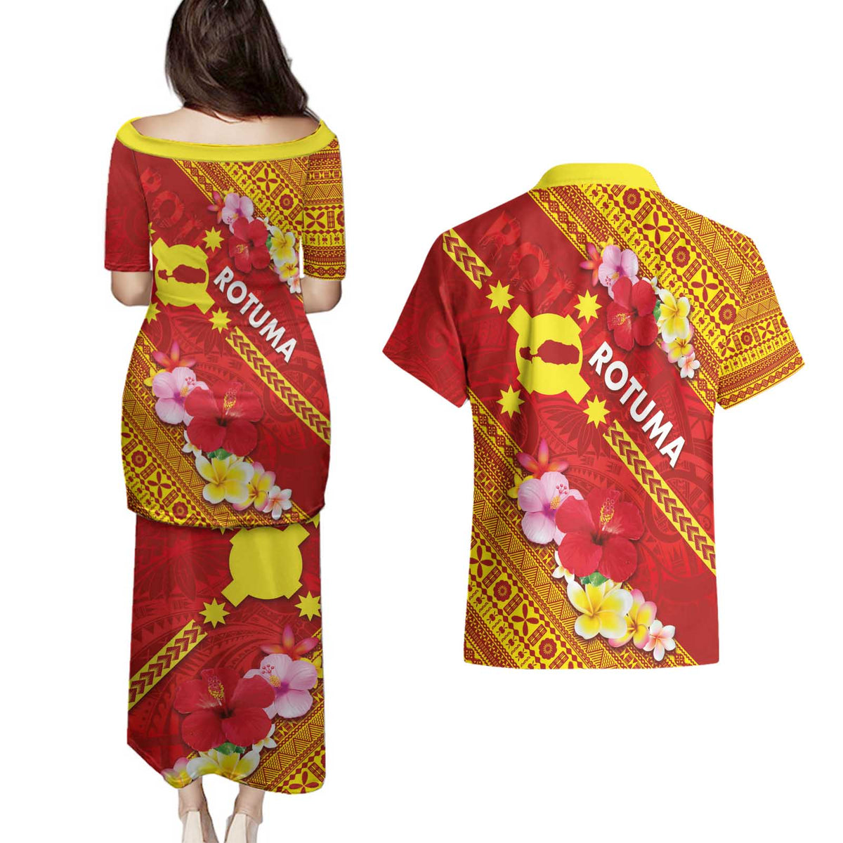 Rotuma Island Couples Matching Puletasi and Hawaiian Shirt Fijian Tapa with Polynesian Art and Hibiscus LT03 - Polynesian Pride