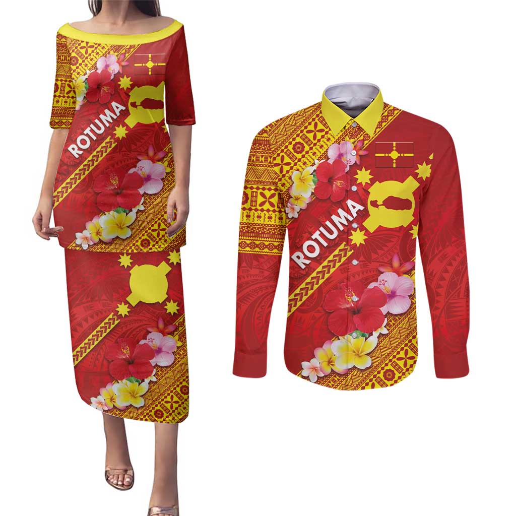 Rotuma Island Couples Matching Puletasi and Long Sleeve Button Shirt Fijian Tapa with Polynesian Art and Hibiscus LT03 Red - Polynesian Pride