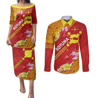 Rotuma Island Couples Matching Puletasi and Long Sleeve Button Shirt Fijian Tapa with Polynesian Art and Hibiscus LT03 Red - Polynesian Pride