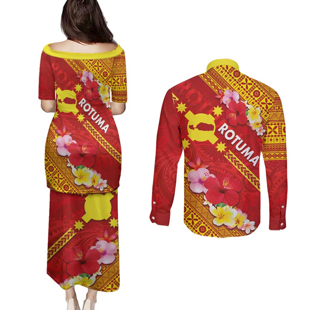 Rotuma Island Couples Matching Puletasi and Long Sleeve Button Shirt Fijian Tapa with Polynesian Art and Hibiscus LT03 - Polynesian Pride
