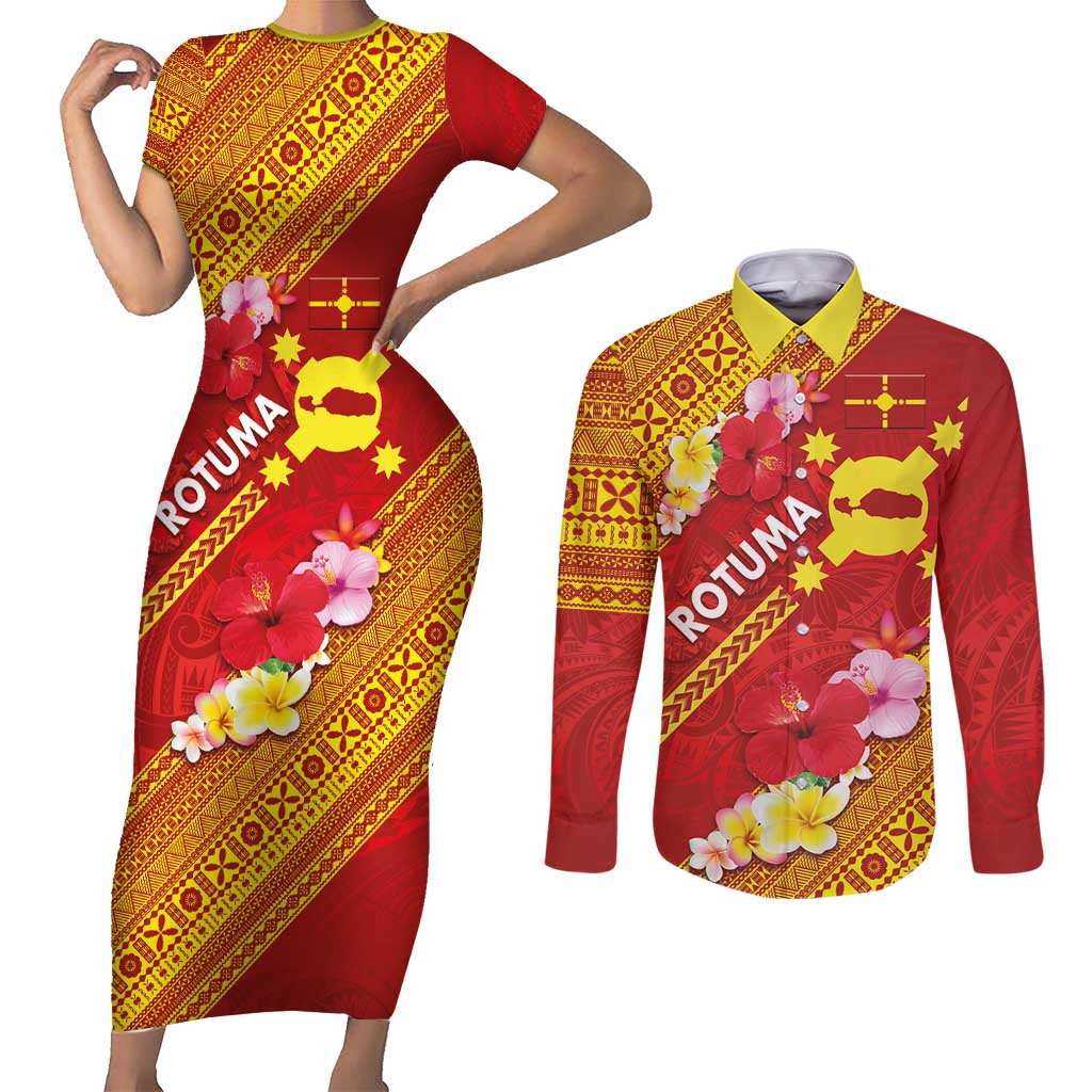 Rotuma Island Couples Matching Short Sleeve Bodycon Dress and Long Sleeve Button Shirt Fijian Tapa with Polynesian Art and Hibiscus LT03 Red - Polynesian Pride