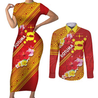 Rotuma Island Couples Matching Short Sleeve Bodycon Dress and Long Sleeve Button Shirt Fijian Tapa with Polynesian Art and Hibiscus LT03 Red - Polynesian Pride