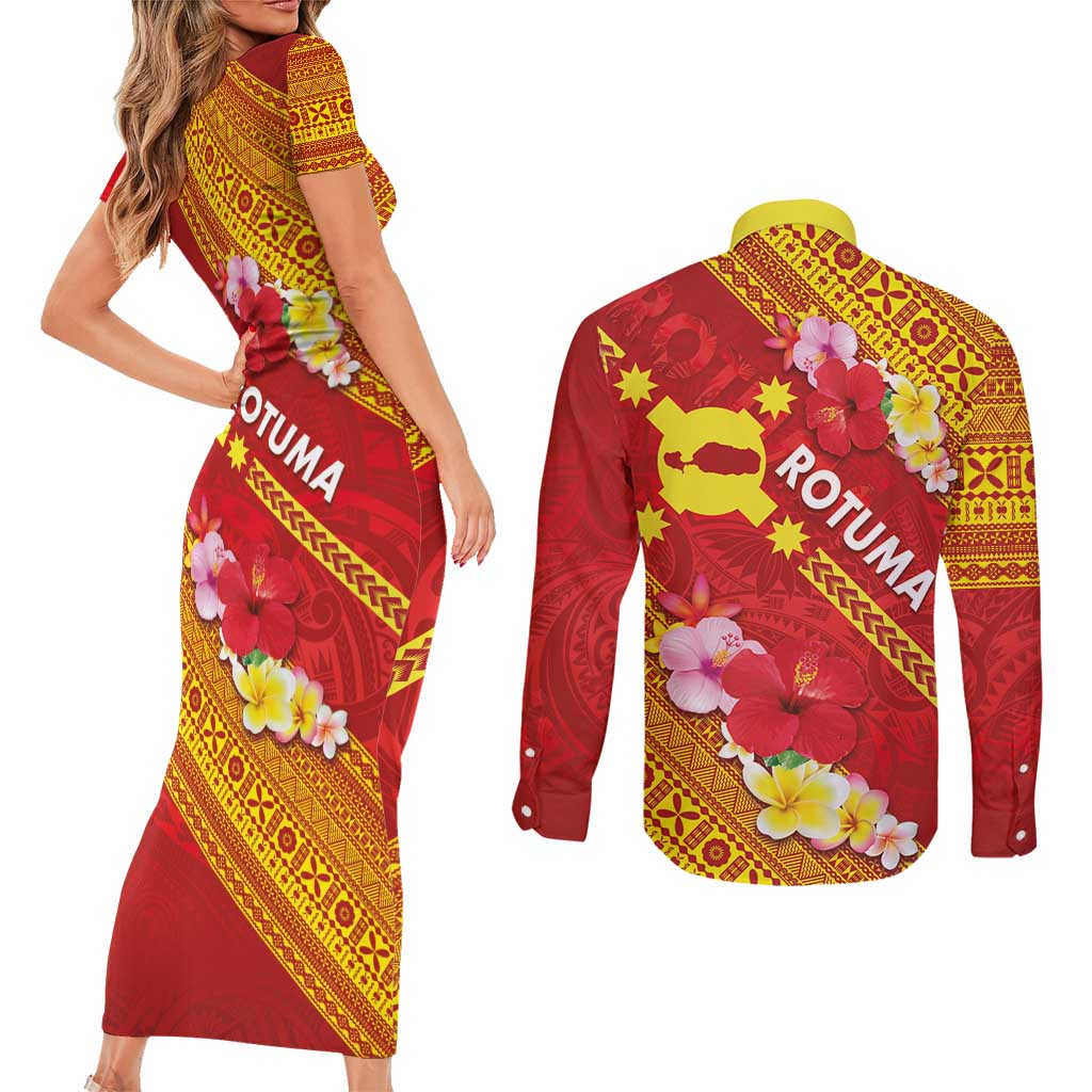 Rotuma Island Couples Matching Short Sleeve Bodycon Dress and Long Sleeve Button Shirt Fijian Tapa with Polynesian Art and Hibiscus LT03 - Polynesian Pride