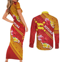 Rotuma Island Couples Matching Short Sleeve Bodycon Dress and Long Sleeve Button Shirt Fijian Tapa with Polynesian Art and Hibiscus LT03 - Polynesian Pride