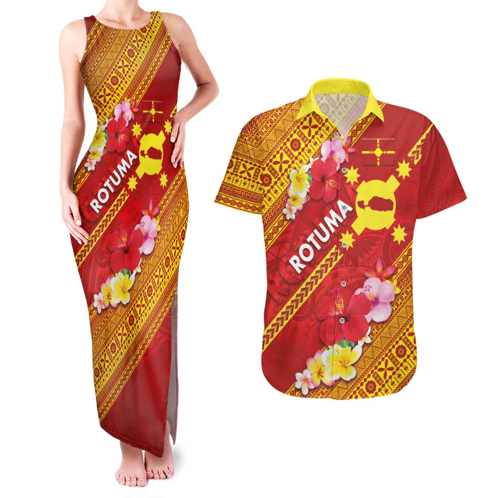 Rotuma Island Couples Matching Tank Maxi Dress and Hawaiian Shirt Fijian Tapa with Polynesian Art and Hibiscus LT03 Red - Polynesian Pride