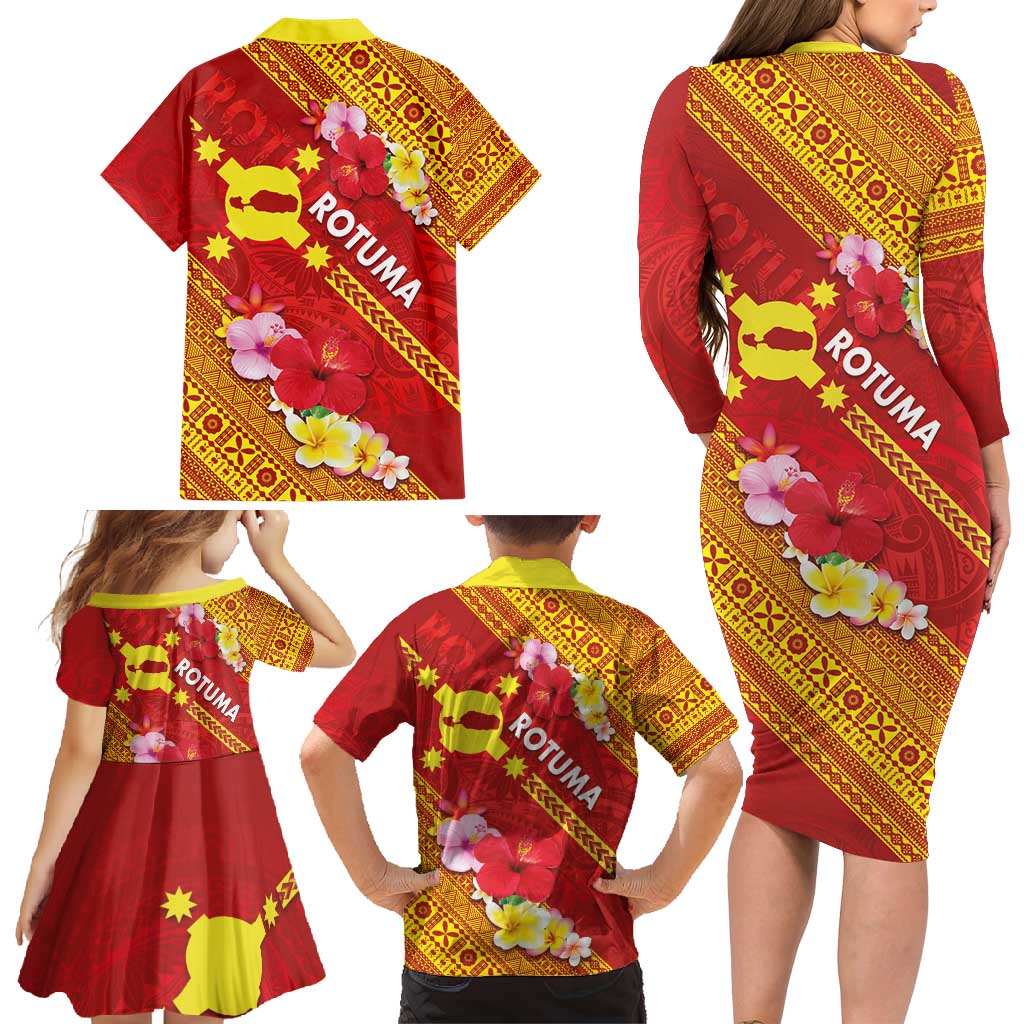 Rotuma Island Family Matching Long Sleeve Bodycon Dress and Hawaiian Shirt Fijian Tapa with Polynesian Art and Hibiscus LT03 - Polynesian Pride