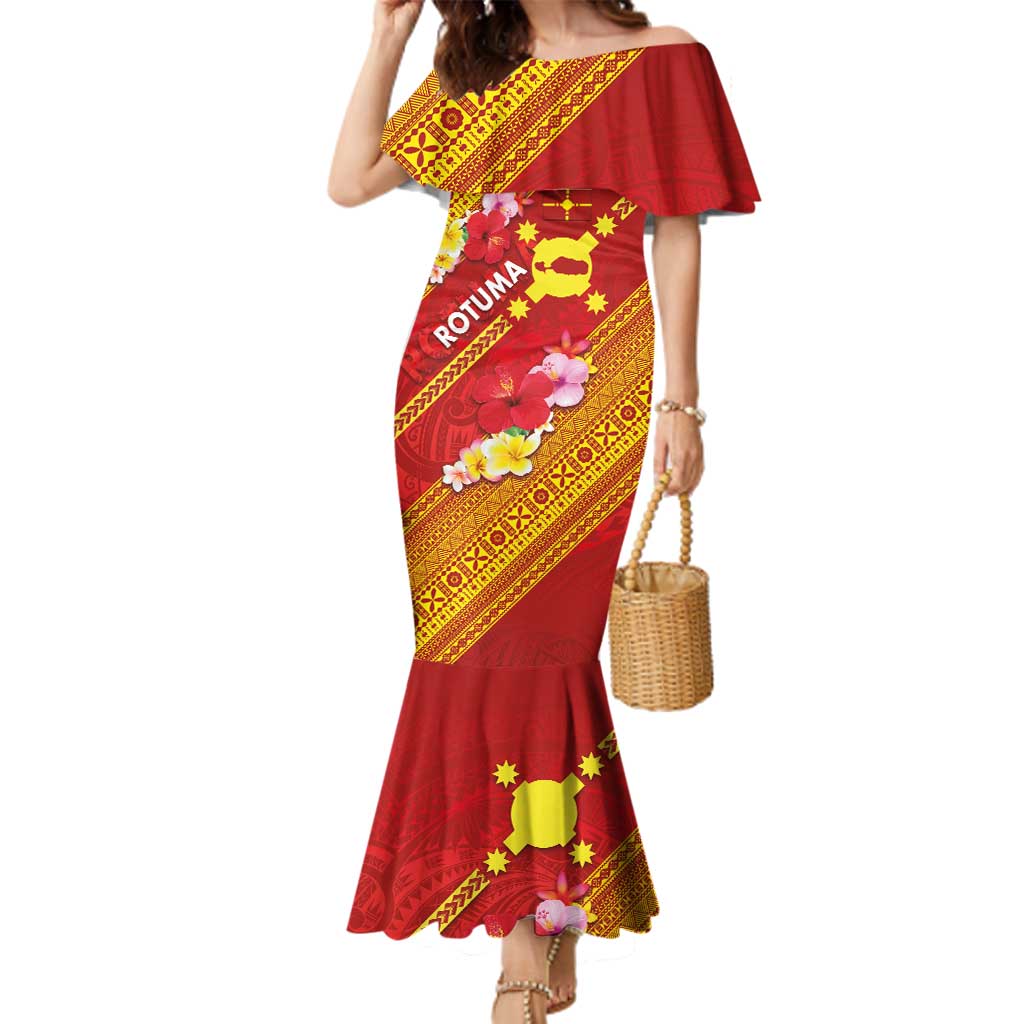 Rotuma Island Family Matching Mermaid Dress and Hawaiian Shirt Fijian Tapa with Polynesian Art and Hibiscus LT03 Mom's Dress Red - Polynesian Pride