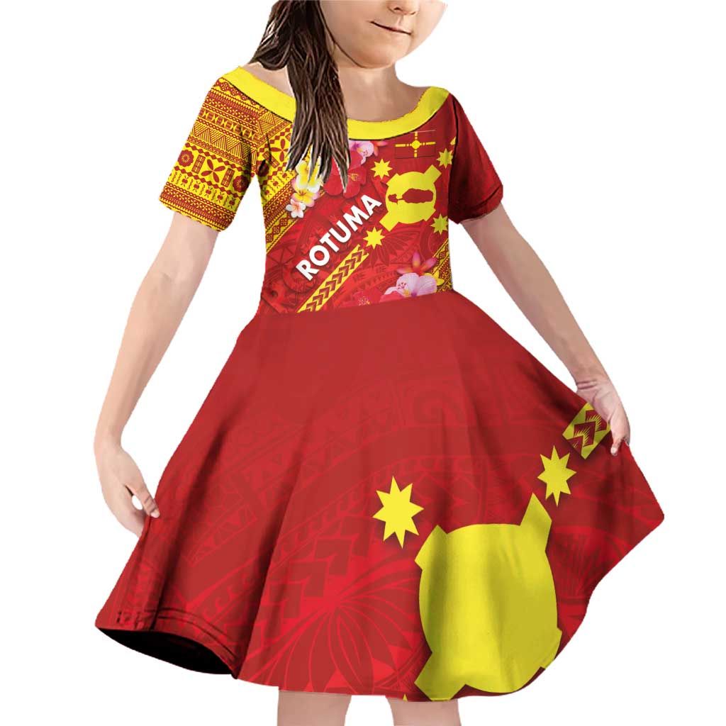 Rotuma Island Family Matching Off Shoulder Short Dress and Hawaiian Shirt Fijian Tapa with Polynesian Art and Hibiscus LT03 Daughter's Dress Red - Polynesian Pride