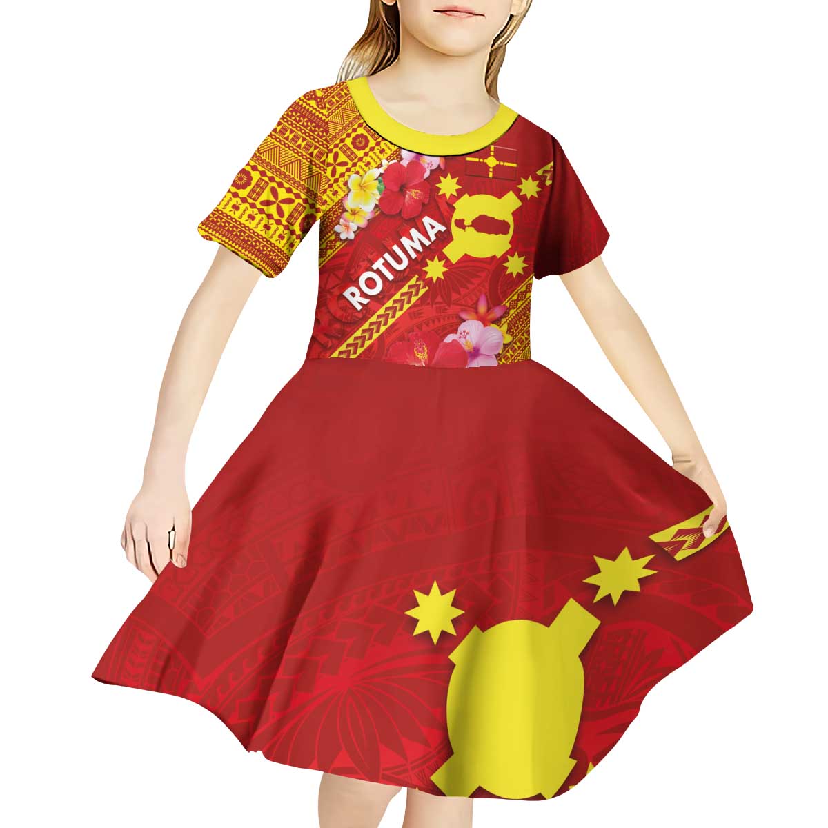 Rotuma Island Kid Short Sleeve Dress Fijian Tapa with Polynesian Art and Hibiscus LT03 - Polynesian Pride