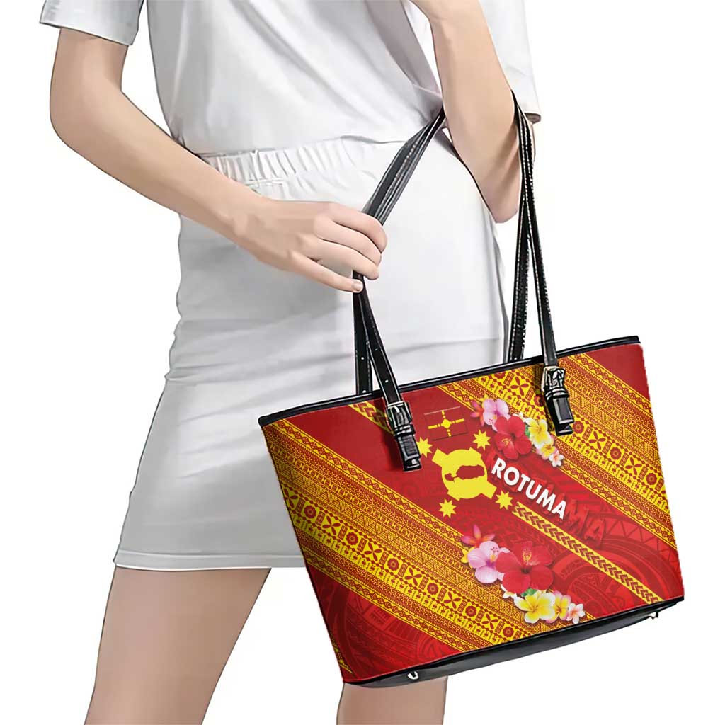 Rotuma Island Leather Tote Bag Fijian Tapa with Polynesian Art and Hibiscus LT03 - Polynesian Pride